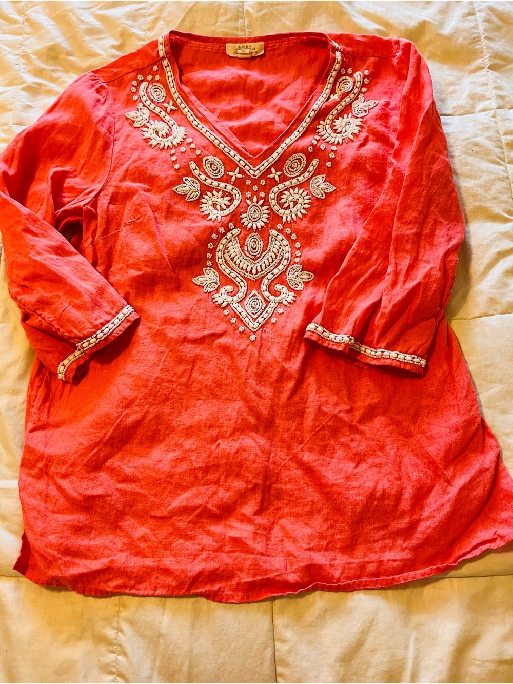 Charter Club Coral V-Neck Linen Beaded & Embroidered Tunic